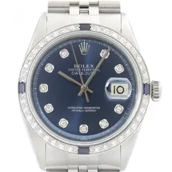 ROLEX MENS DATEJUST 18K WHITE GOLD STAINLESS STEEL BLUE DIAMOND SAPPHIRE WATCH