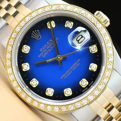 ROLEX MENS DATEJUST BLUE VIGNETTE 18K YELLOW GOLD DIAMOND & STEEL WATCH 16013