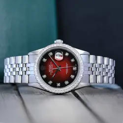 ROLEX MENS DATEJUST STAINLESS STEEL WATCH RED VIGNETTE DIAL DIAMOND BEZEL 36MM