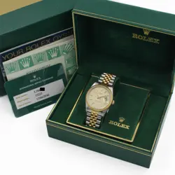 MEN'S ROLEX OP DATE TWO-TONE WATCH 15223 CHAMPAGNE DIAL 34MM FULL SET #W179562-1