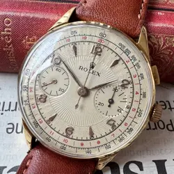 ROLEX CHRONOGRAPH GOLD DIAL MEN'S WRISTWATCH VINTAGE 1940S 37MM18KGP BROWN BAND