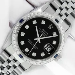ROLEX MENS DATEJUST STEEL BLACK DIAMOND DIAL AND 18K GOLD DIAMOND SAPPHIRE WATCH