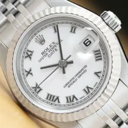 ROLEX LADIES DATEJUST 79174 WHITE ROMAN DIAL 18K WHITE GOLD BEZEL & STEEL WATCH