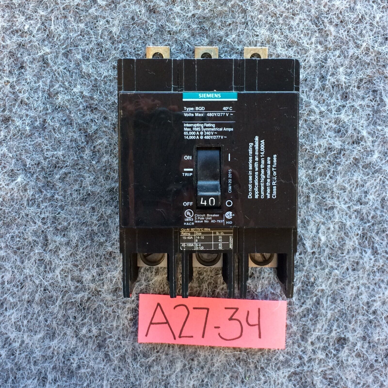 Siemens BQD340BP Circuit Breaker 40A Molded Case Circuit Breaker Warranty
