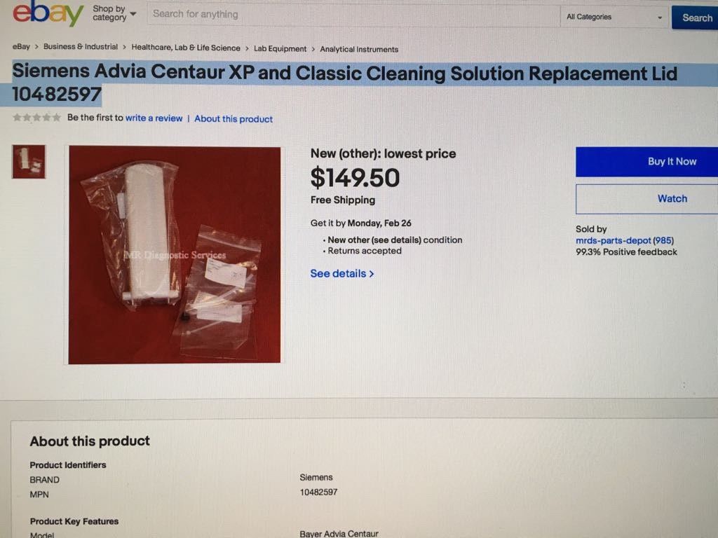 Siemens Advia Centaur XP and Classic CLEANING SOLUTION REPLACEMENT LID 10482597