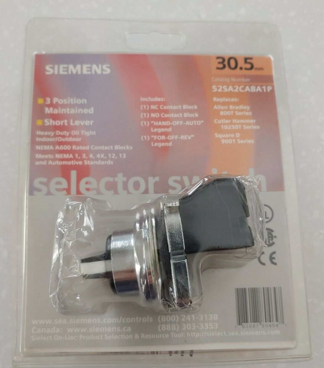 Siemens 3 Position Selector Switch 52SA2CABA1P New Open Box