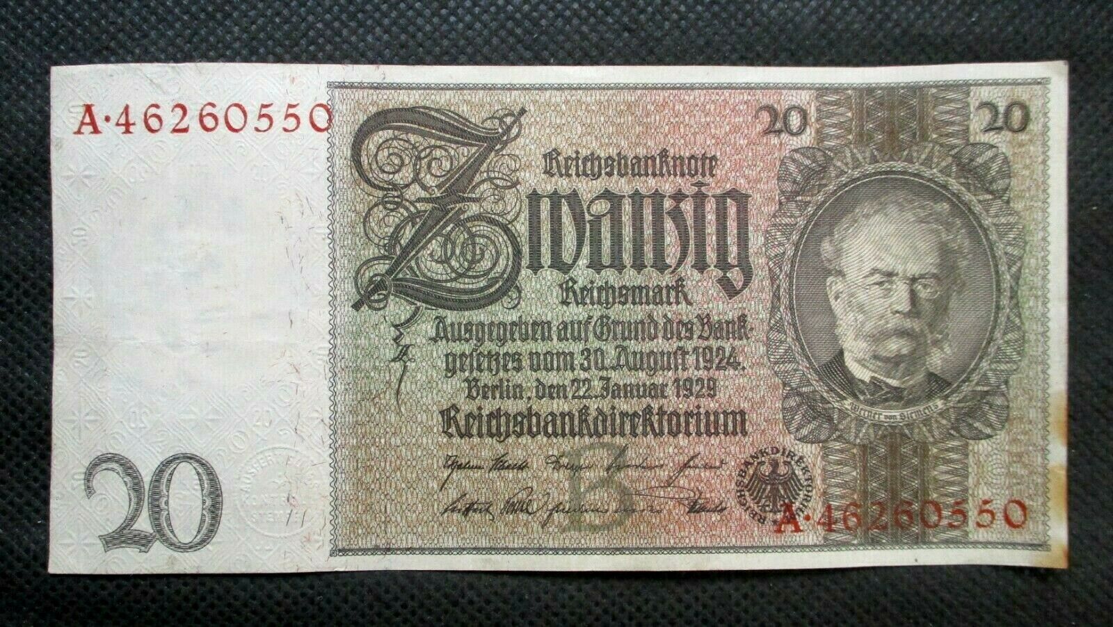 OLD BANKNOTE OF THIRD REICH GERMANY 20 REICHSMARK 1929 SIEMENS NO. A46260550