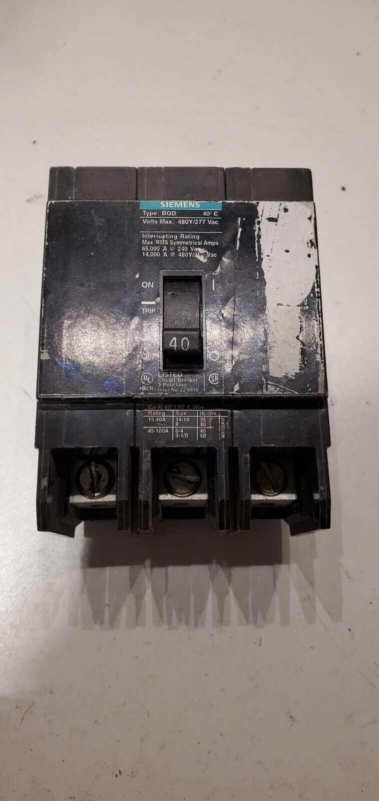 SIEMENS BQD340BP CIRCUIT BREAKER, 480/277-VOLT, 3-POLE, 40-AMP, TYPE BQD
