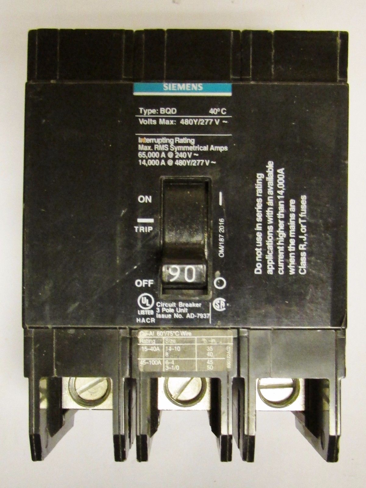 SIEMENS BQD390BP Type BQD Circuit Breaker 3 Pole 90 Amp BQD390 BP 
