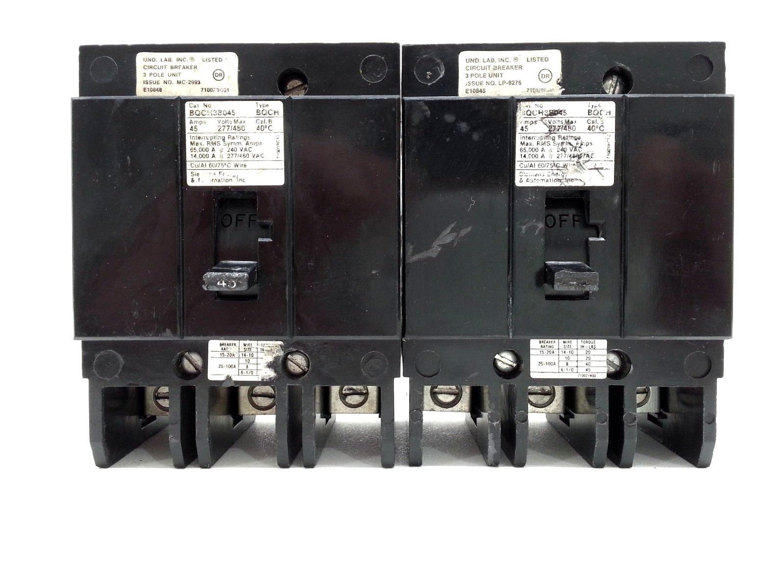 QTY 1  SIEMENS BQCH3B045 CIRCUIT BREAKER 3 POLE 45 AMP 480 VOLT