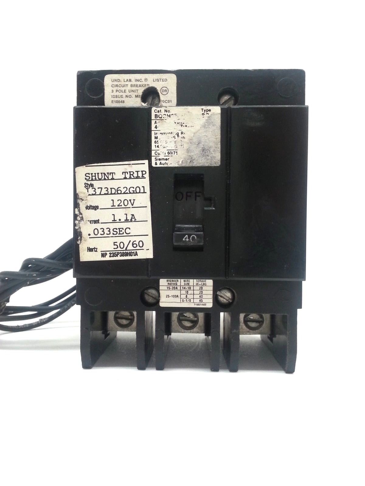 SIEMENS BQCH3B04000S01 CIRCUIT BREAKER SHUNT TRIP 3 POLE 40 AMP 480 VOLT