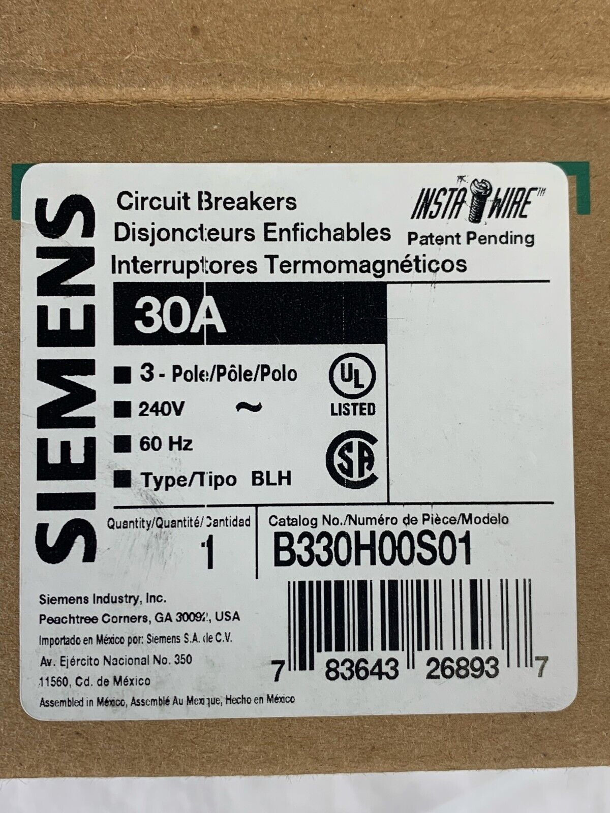New - B330H00S01 Siemens Molded Case Circuit Breaker BL Series 30A 240V