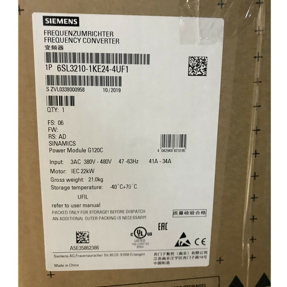 1件装全新西门子6SL3210-1KE24-4UF1 6SL3 210-1KE24-4UF1 22千瓦美国快速发货DHL-