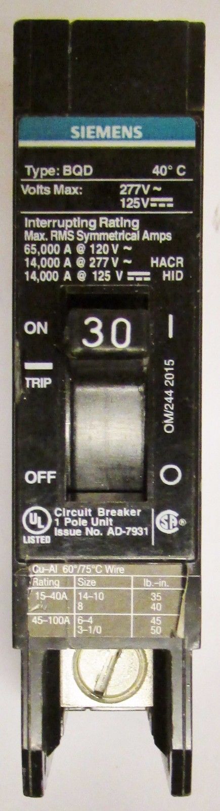 SIEMENS BQD130BP Type BQD Circuit Breaker Single Pole 30 Amp BQD130 BP 