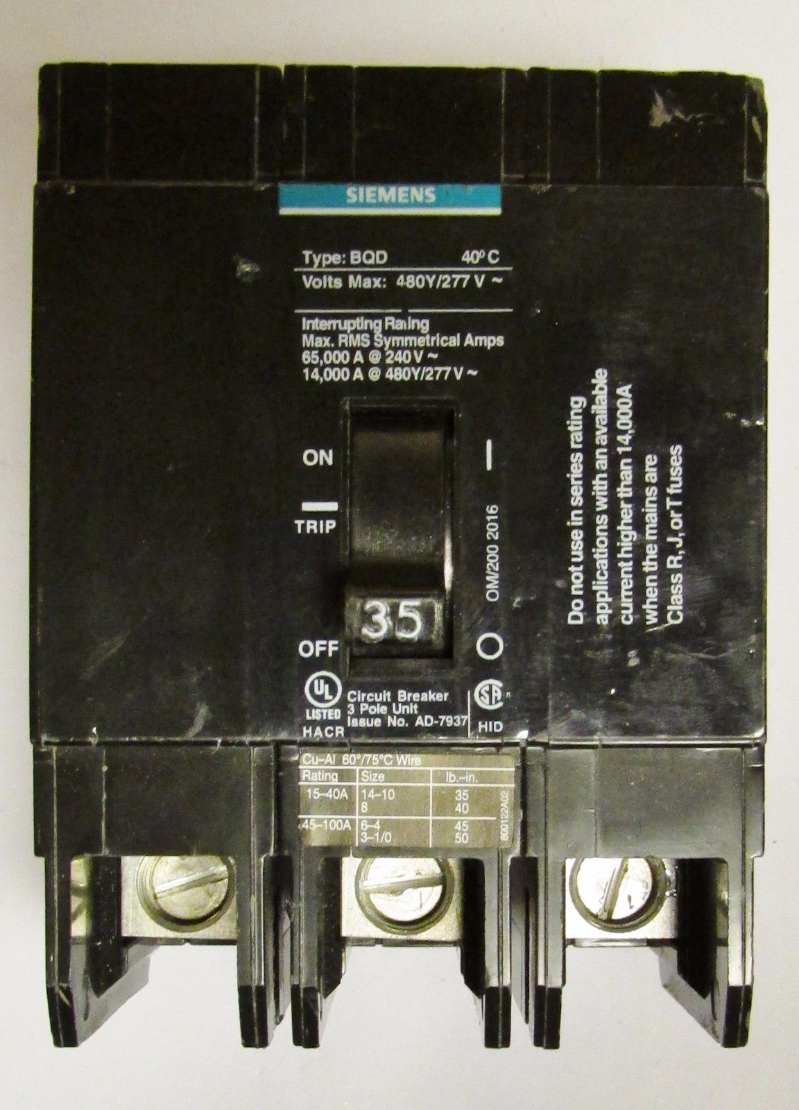 SIEMENS BQD335BP Type BQD Circuit Breaker 3 Pole 35 Amp BQD335 BP 
