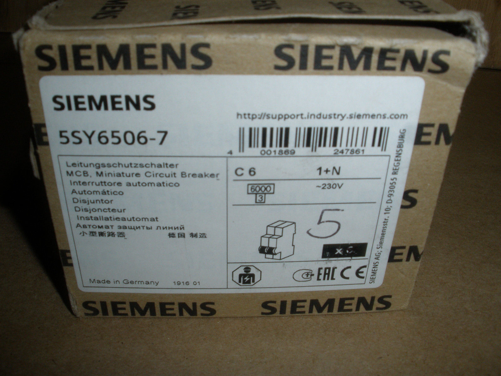 NEW Siemens 5SY6506-7 single pole +N 25 amp 230V DIN rail circuit breaker 5SY6