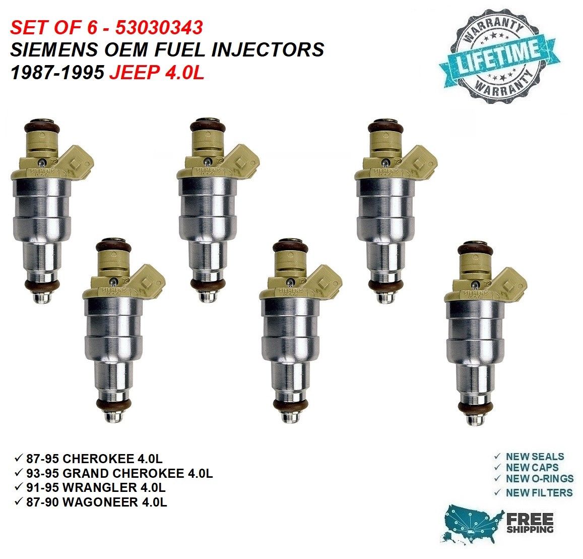 SIEMENS OEM FUEL INJECTORS 6X for 1987-1995 JEEP 4.0L #53030343 