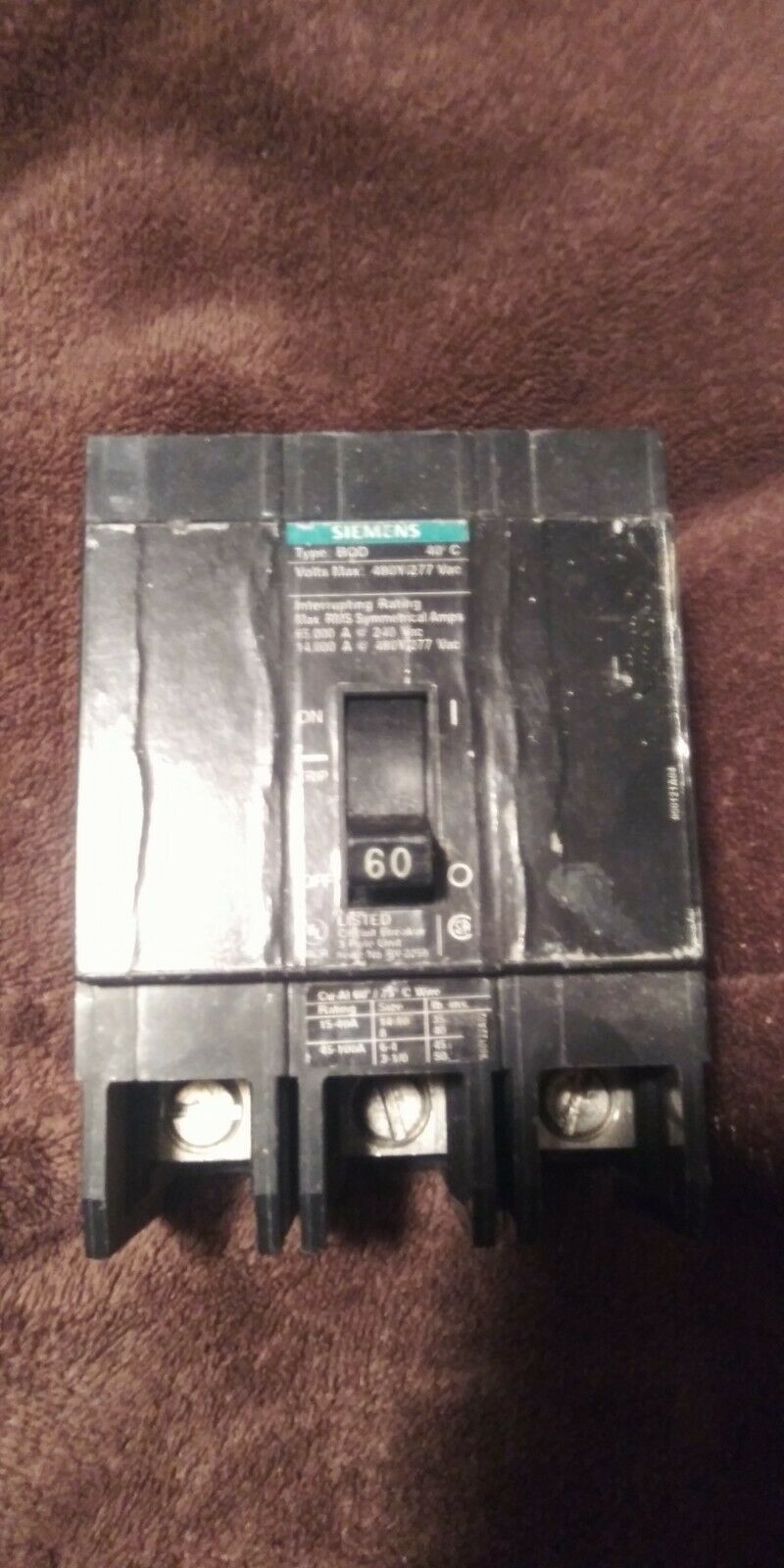 Siemens BQD360BP 3-Pole 60A 480V Bolt-On Circuit Breaker