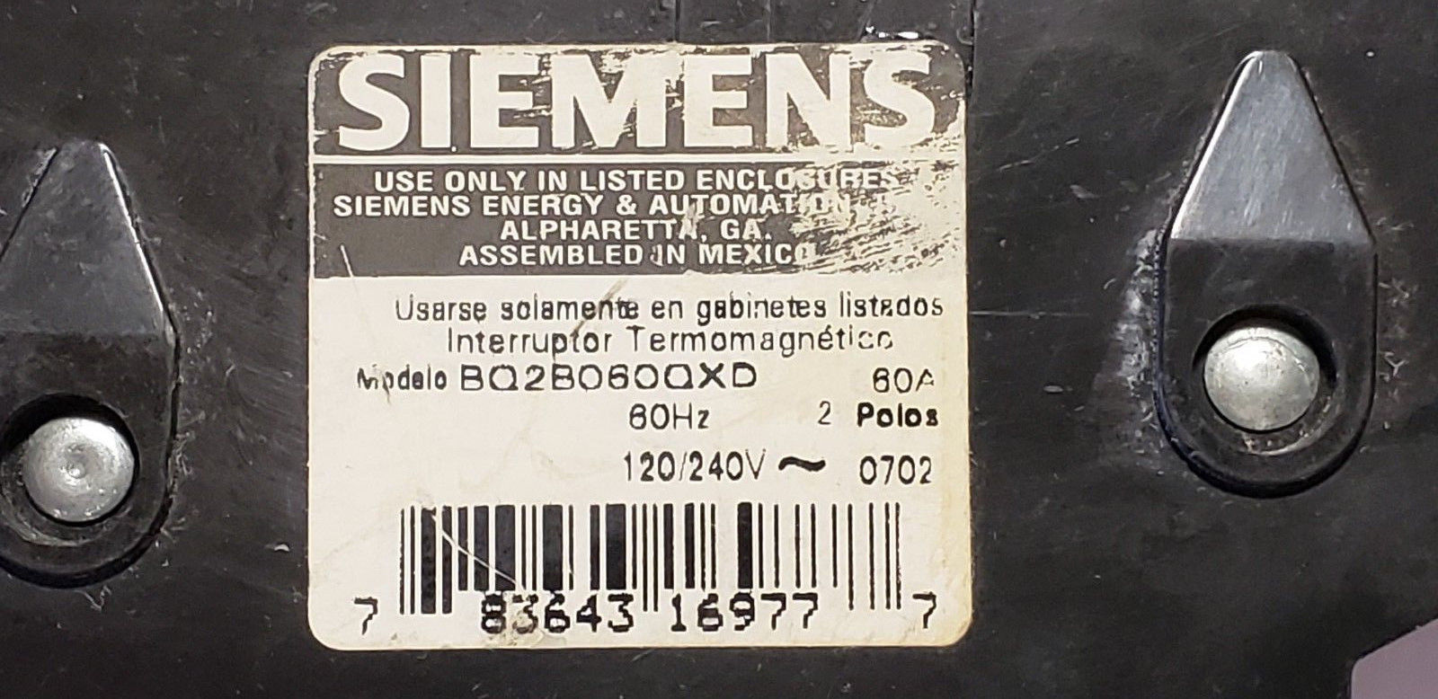 60 Amp Siemens HVAC 2 Pole Breaker BQ2B060QXD Used in Good working condition