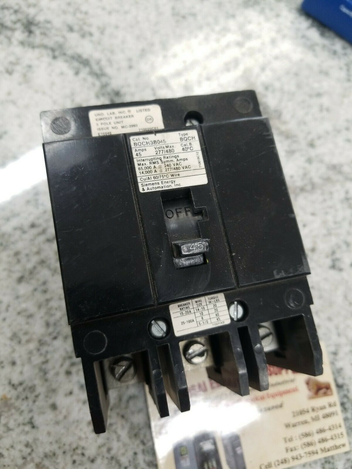 SIEMENS BQCH3B045   3 POLE 45 AMP 277/480 VOLT BOLT IN CIRCUIT BREAKER  (BOX#29)