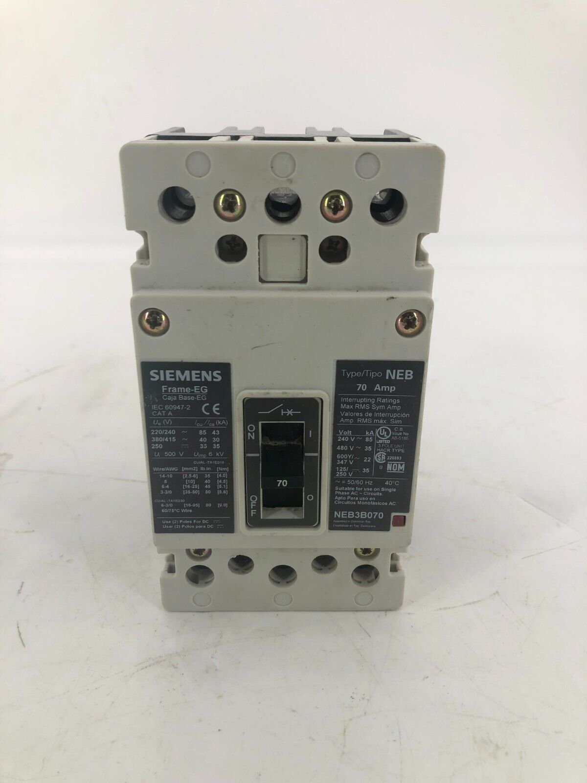 Siemens NEB3B070 Circuit Breaker NEB 3P 3PH 70A 600V 35kA@480V