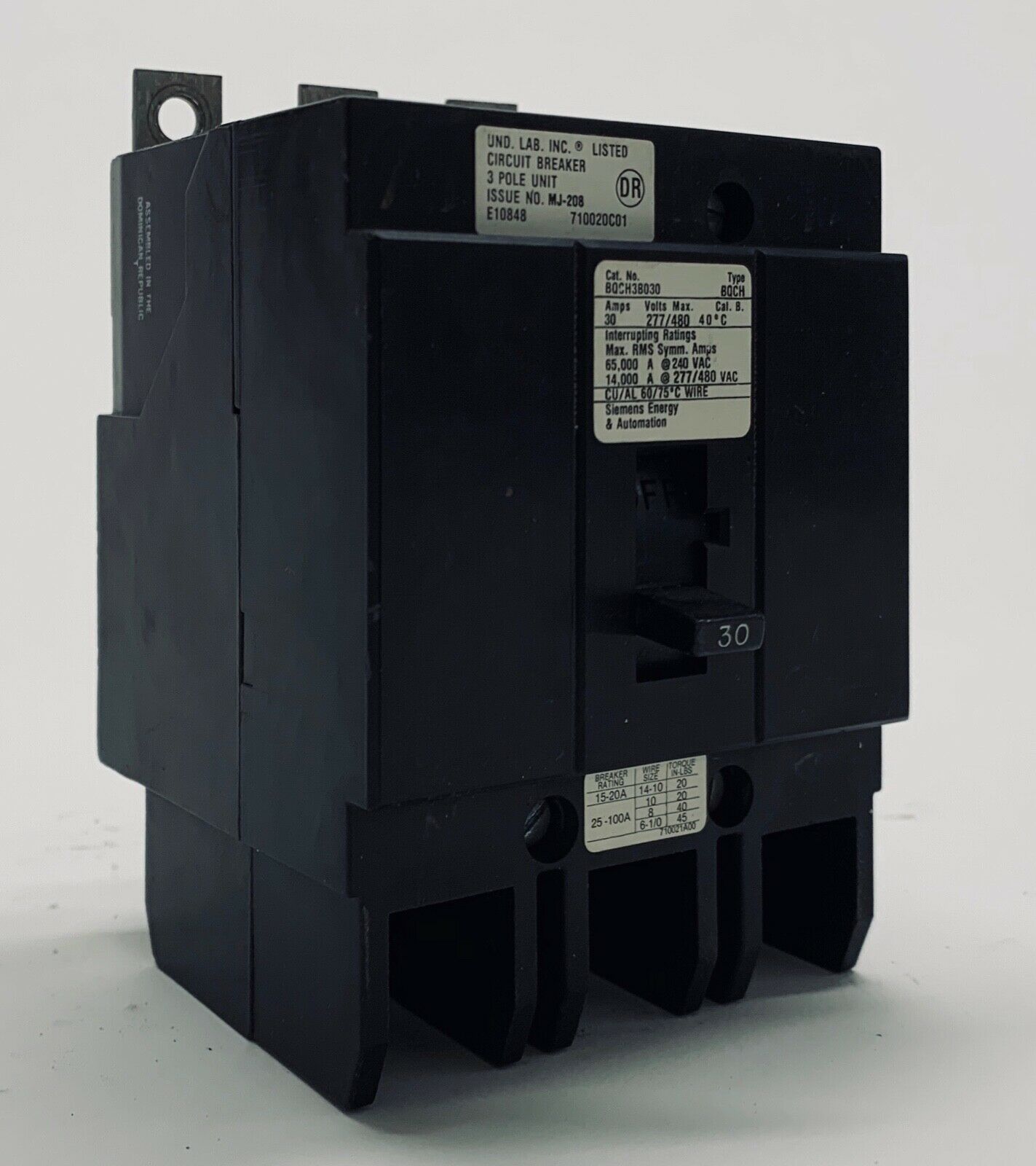 Siemens 30A 480V 3P Circuit Breaker Type BQCH BQCH38030