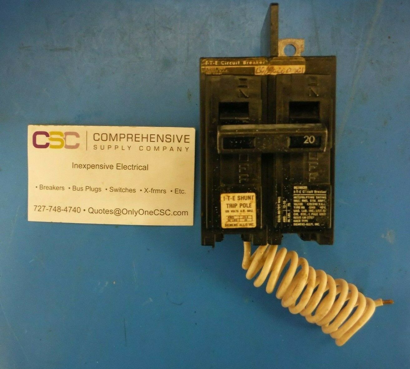 BQ1B02000S01-SIEMENS 20A AMP 1P POLE 240V BOLT-ON BQ BREAKER W/120V SHUNT TRIP 