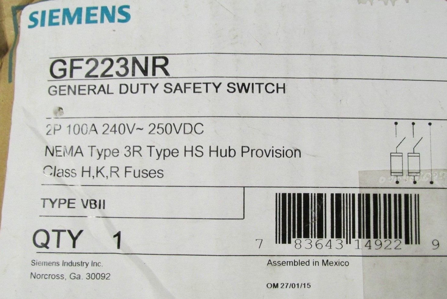 Siemens 100 Amp 240 VAC Type 3R GF223NR Safety Switch *New* UPC# 783643149229