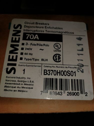 SIEMENS B370H00S01  70A  240V Bolt On 3 Pole CIRCUIT BREAKER W. Shunt Trip Pole