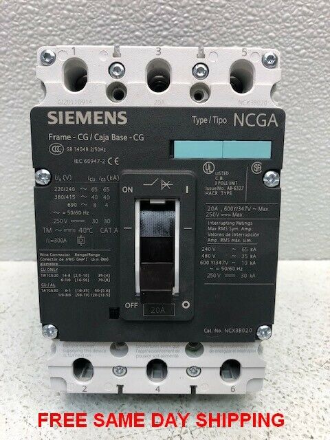 SIEMENS CIRCUIT BREAKER TYPE NCGA 3VL1102-1KM30-0AA0 20AMP ITEM 749272-J5