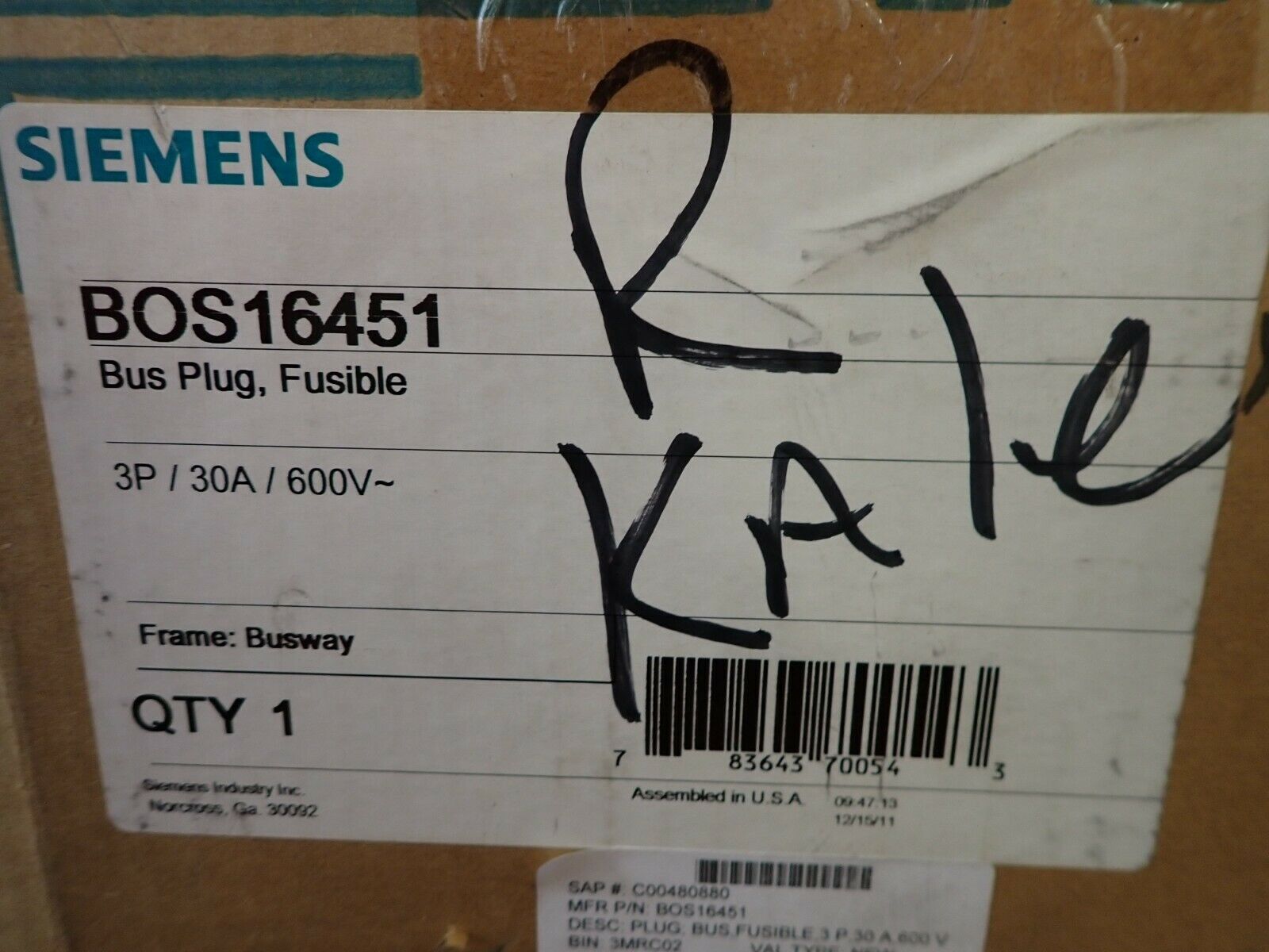 NEW in BOX OEM SIEMENS BOS16451 30 amp 480 volt 15 HP BD Bus Plug 3p 4w