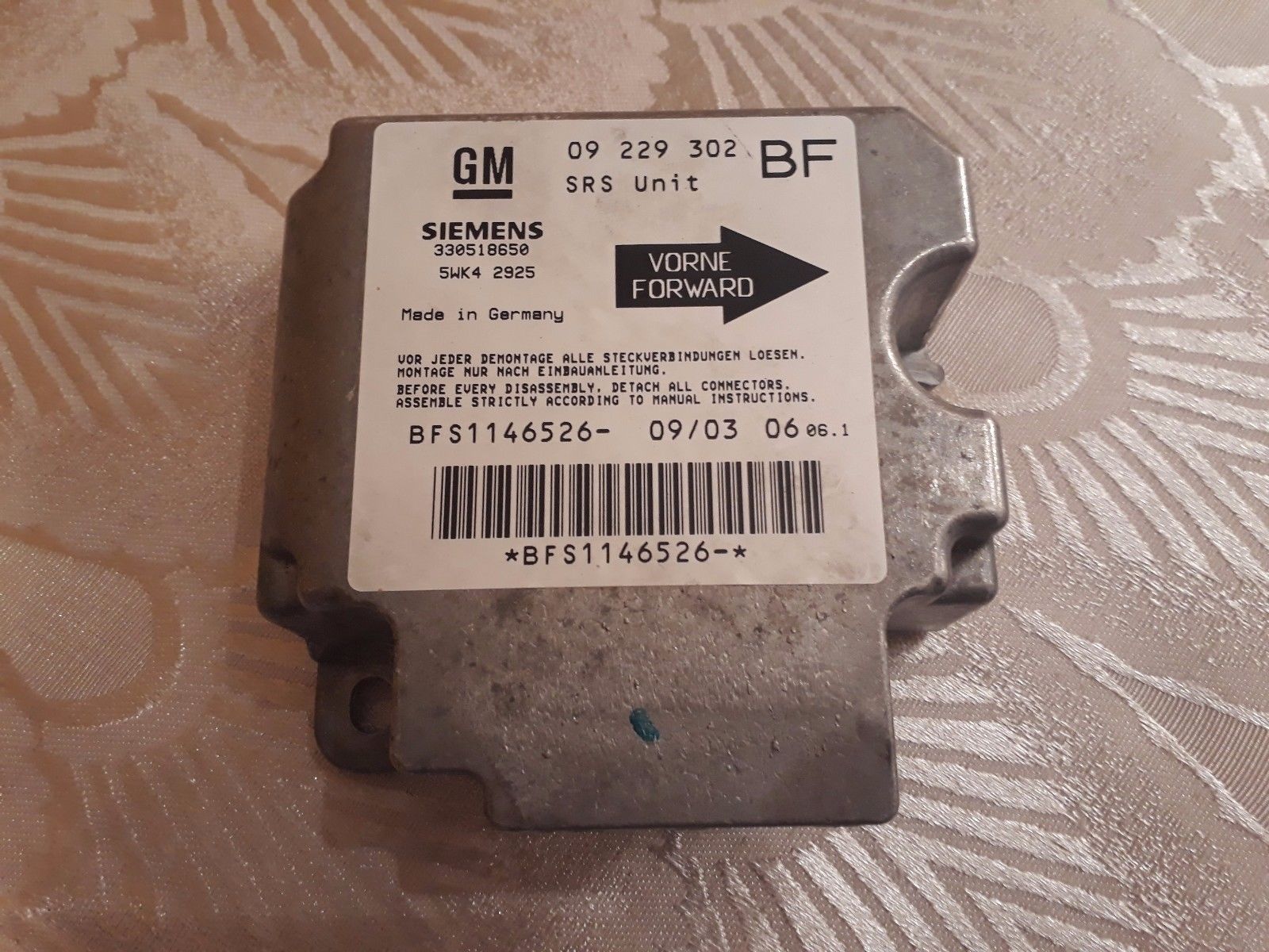 OPEL Airbag ECU Control Module SRS Unit 09229302 BF