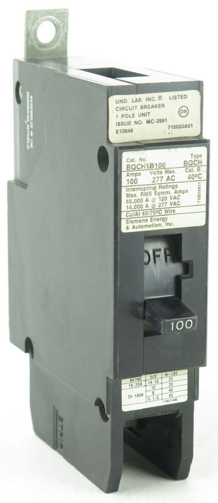 Siemens BQCH1B100 BQD1100 1P 100A 277V Bolt-On Molded Case Circuit Breaker 