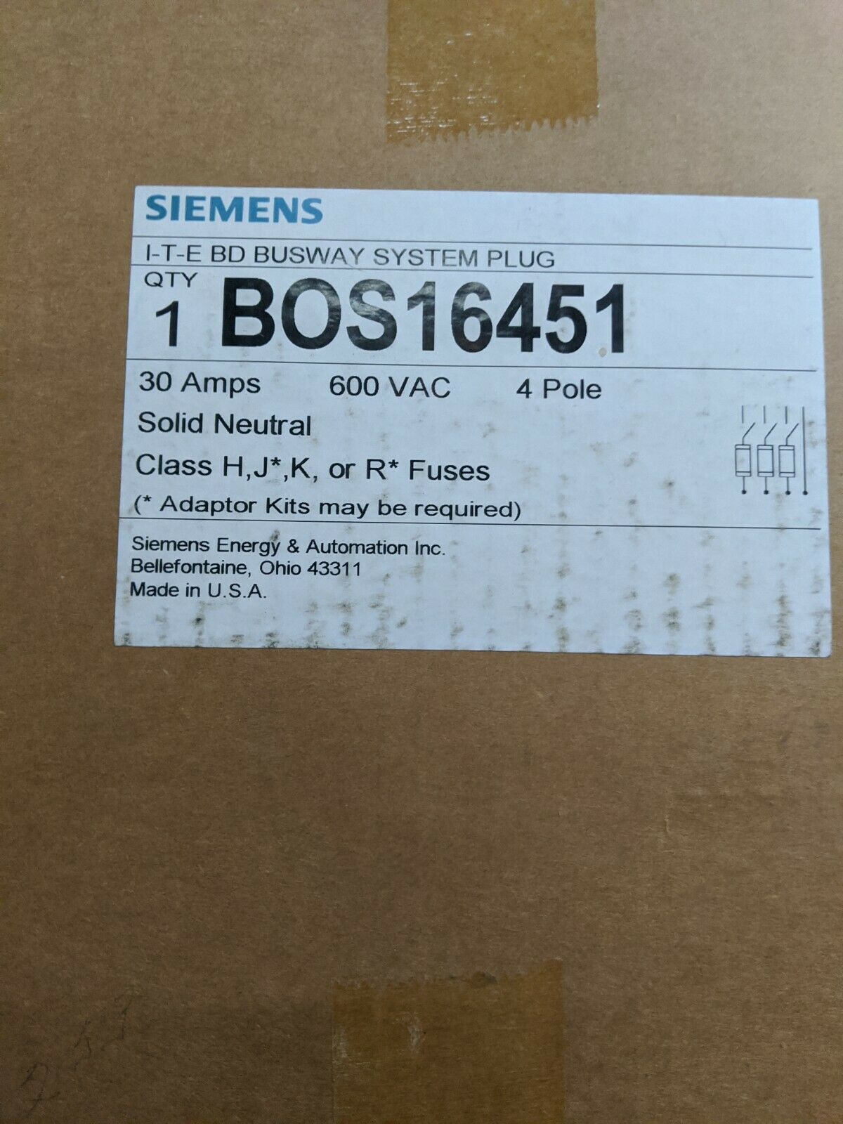 NEW SIEMENS BOS16451 30 AMP 600 VOLT 3P4W FUSIBLE BUSWAY SWITCH