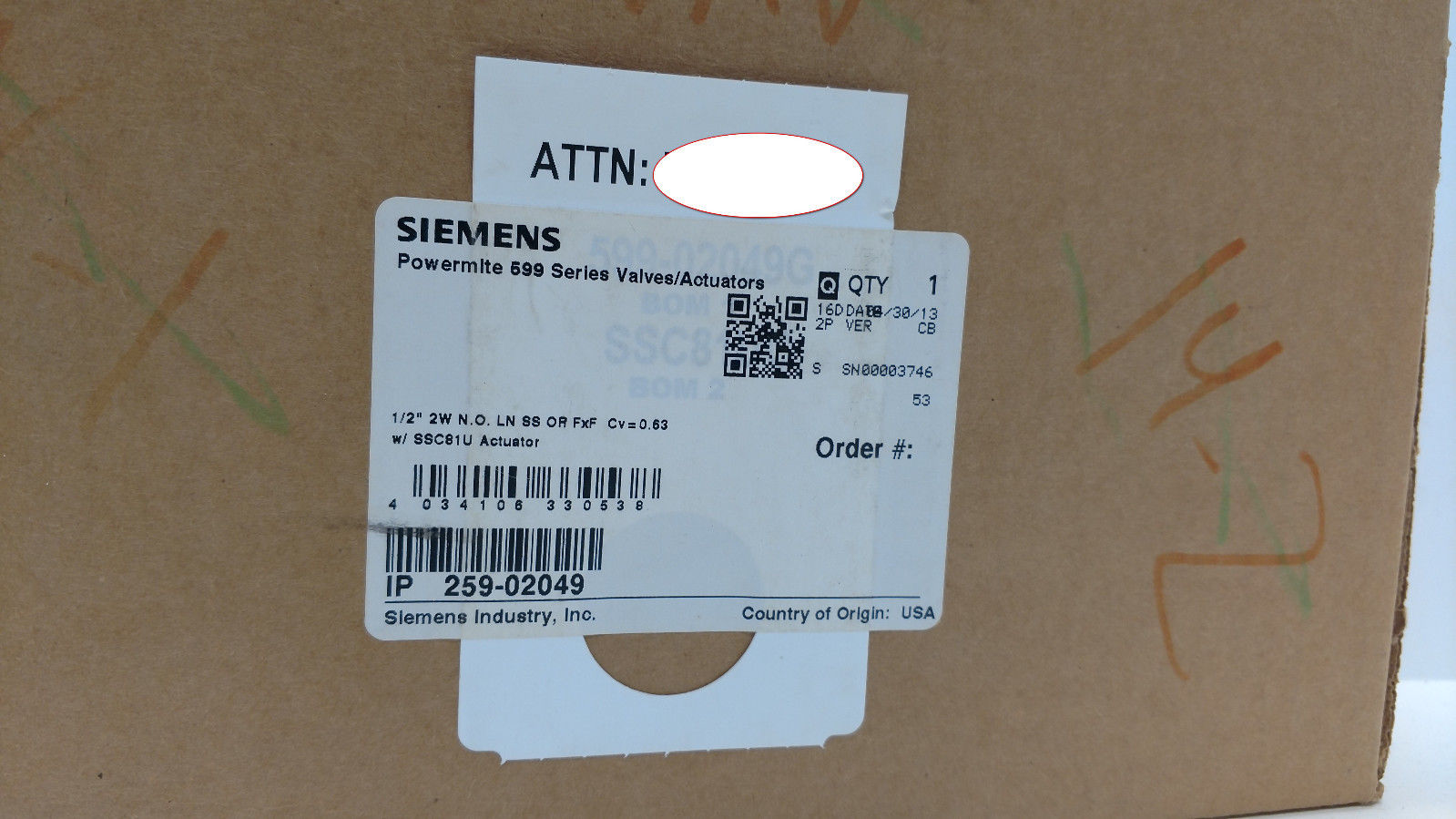1 NIB SIEMENS 259-02049  Valve 599-02049 1/2&quot; 2W ACTUATOR SSC81U 