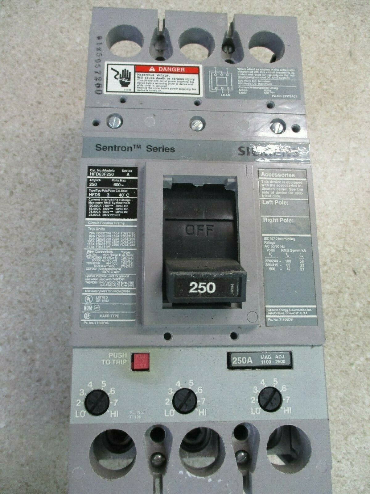 SIEMENS SENTRON SERIES 250A BREAKER #9251232D USED