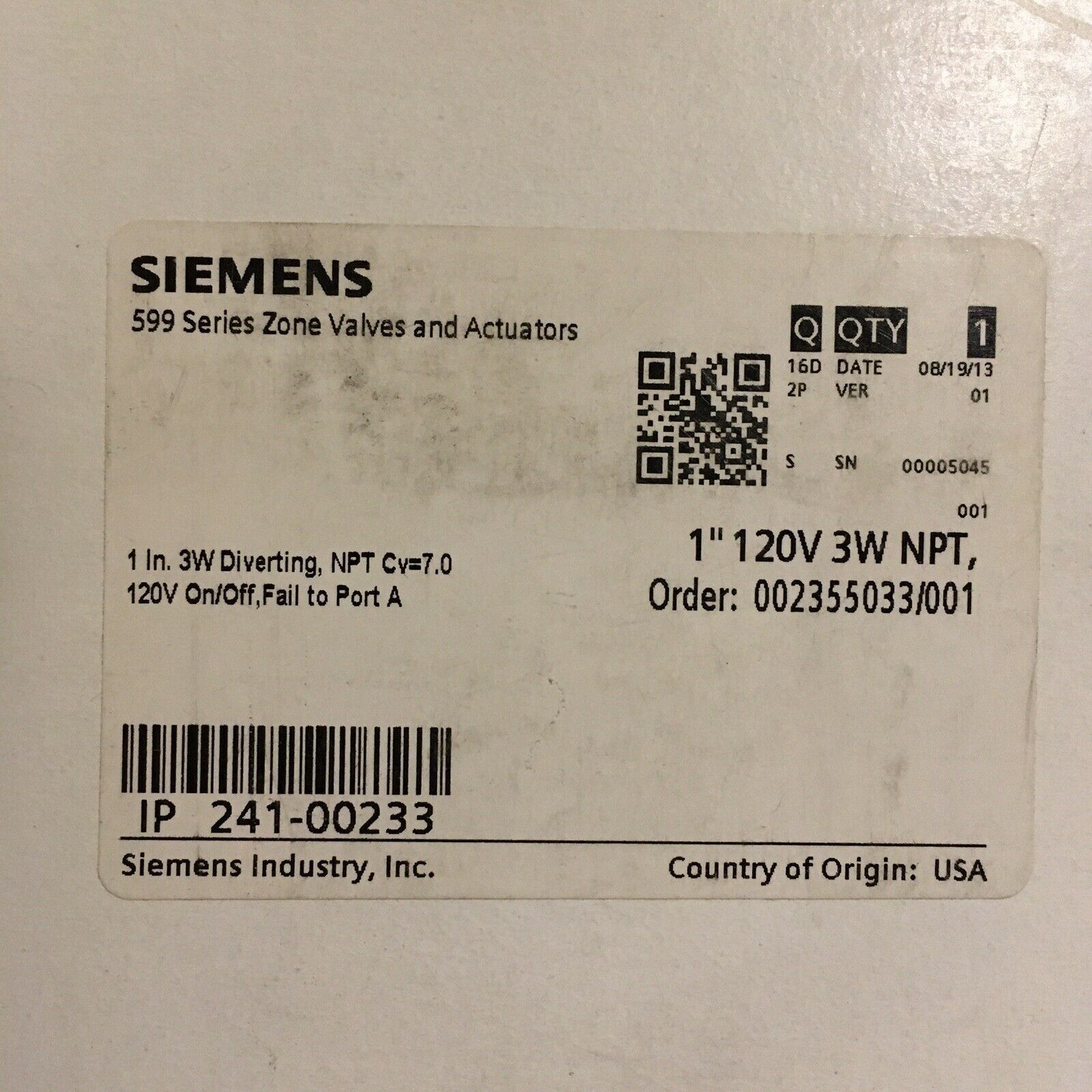 Siemens 241-00233 1&quot; 3W Valve Diverting 120V 599 Series
