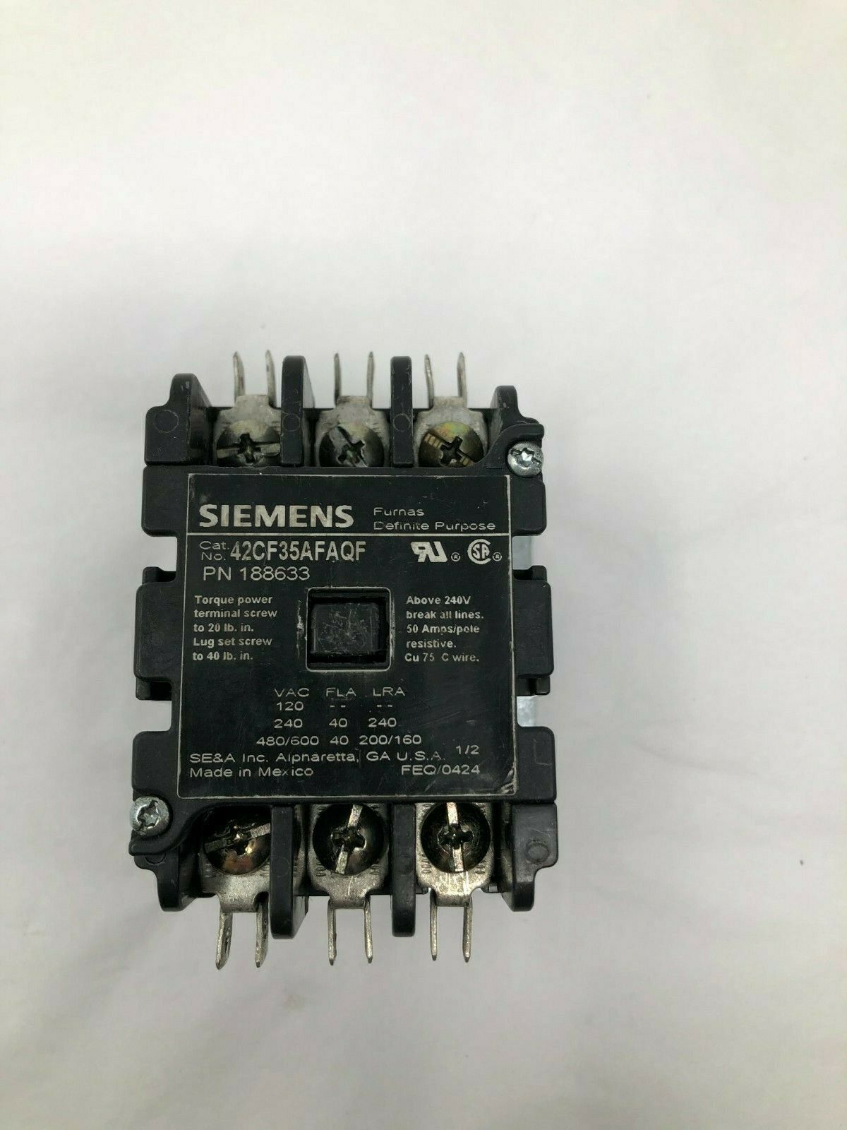 Siemens 42CF35AFAQF Furnas Contactor Normally Open 40A 600V Max. w/Coil