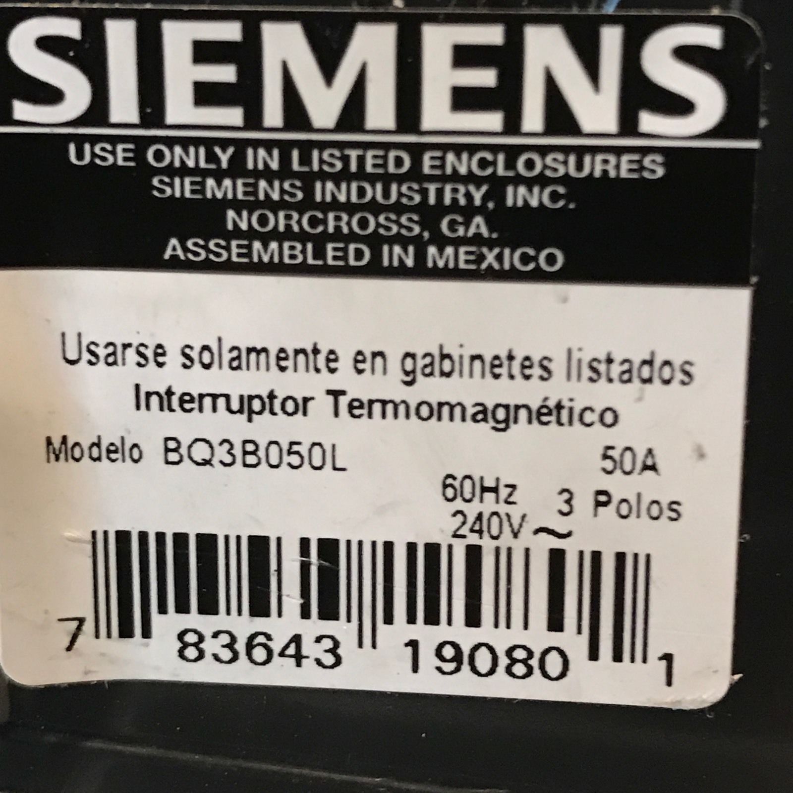 SIEMENS BQ3B050L Circuit Breaker 50 Amp 3pole 240 Volt