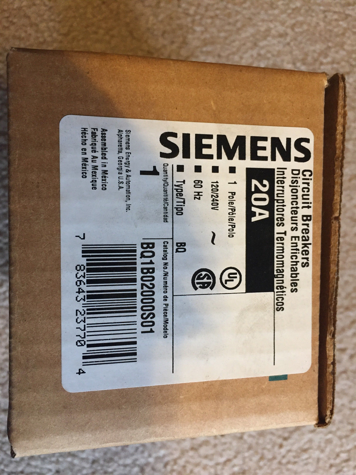 SIEMENS #BQ1B02000S01 BREAKER 
