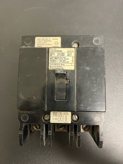 SIEMENS BRANCH CIRCUIT BREAKER, BQCH3B080, 80 A, 3 P, 480 V. BOLT ON TYPE. USED