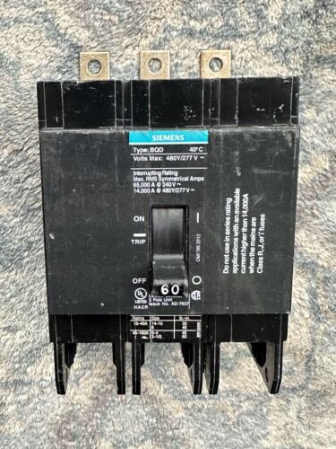 NEW takeout SIEMENS BQD360BP 3 Pole 60 Amp 480Y/277V BQD Circuit Breaker