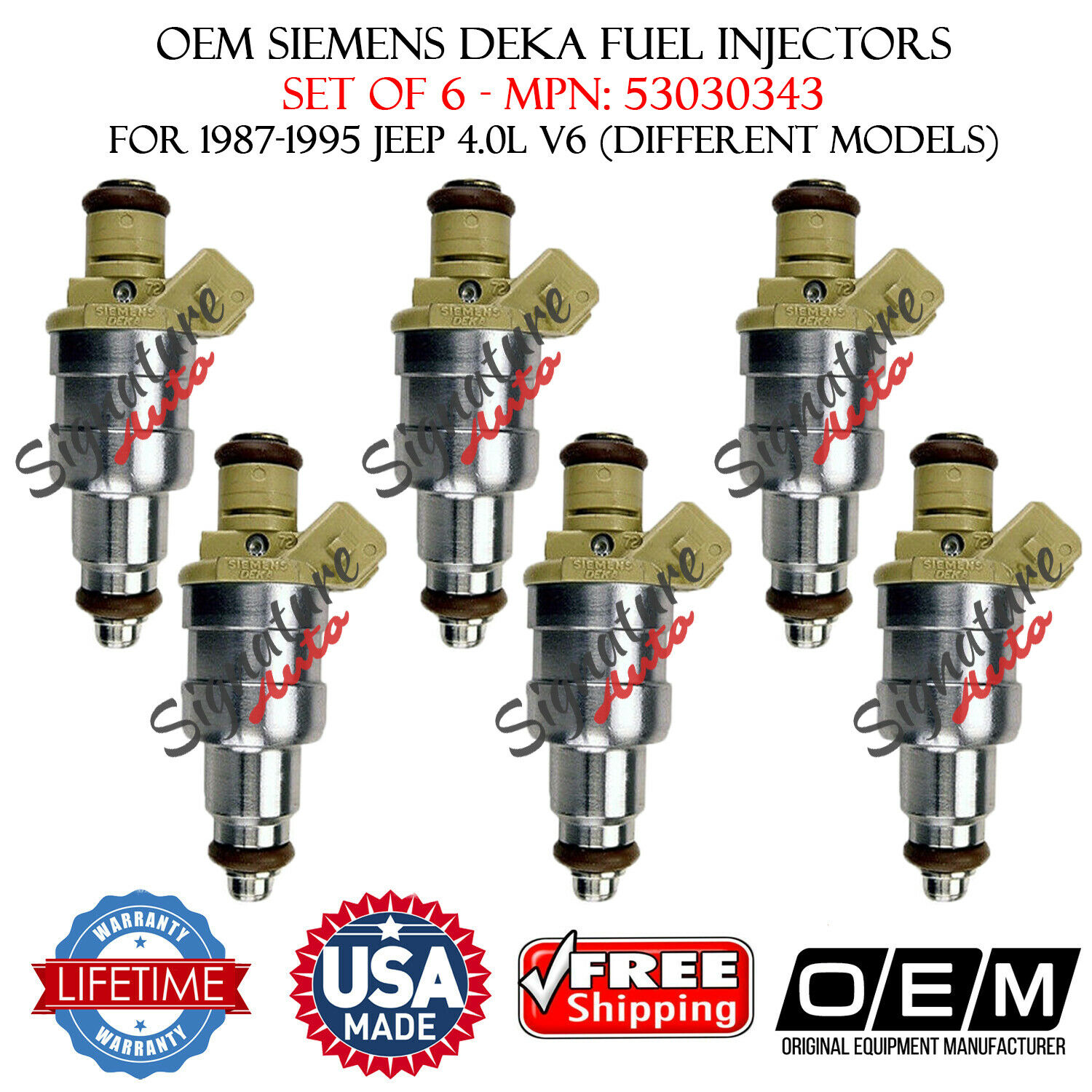6X OEM SIEMENS FUEL INJECTORS 1993-1995 Grand Cherokee 4.0L I6 Part # 53030343
