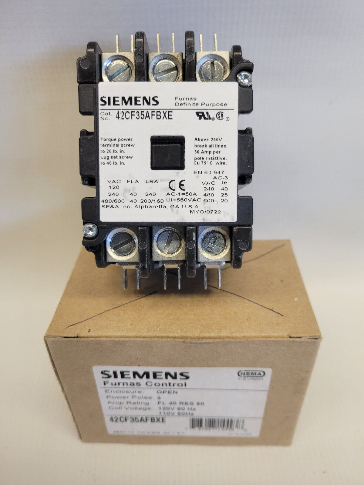 SIEMENS 40 AMP Furnas Control CONTACTOR 600 VAC 3 POLE 120V 42CF35AFBXE