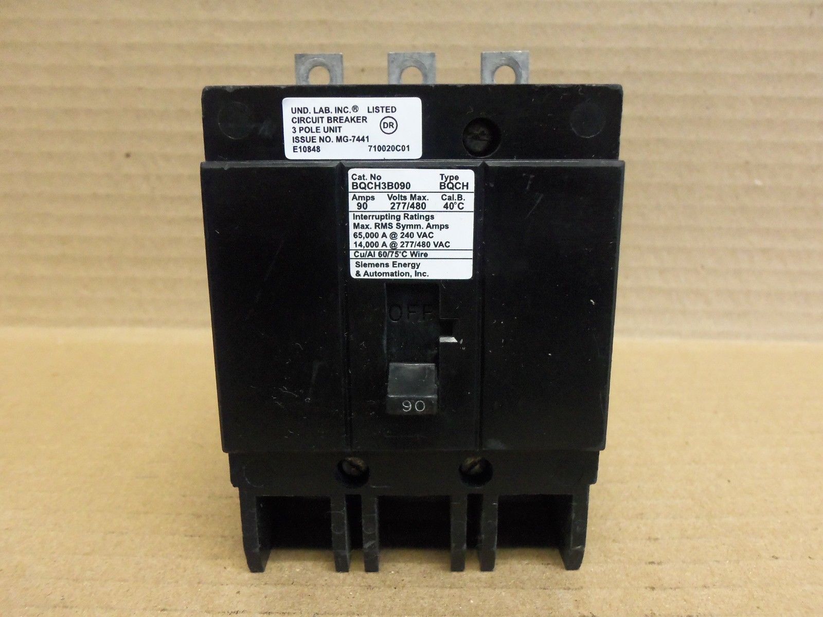 Siemens BQCH BQCH3B090 3 Pole 090 Amp 480v/277v Circuit Breaker