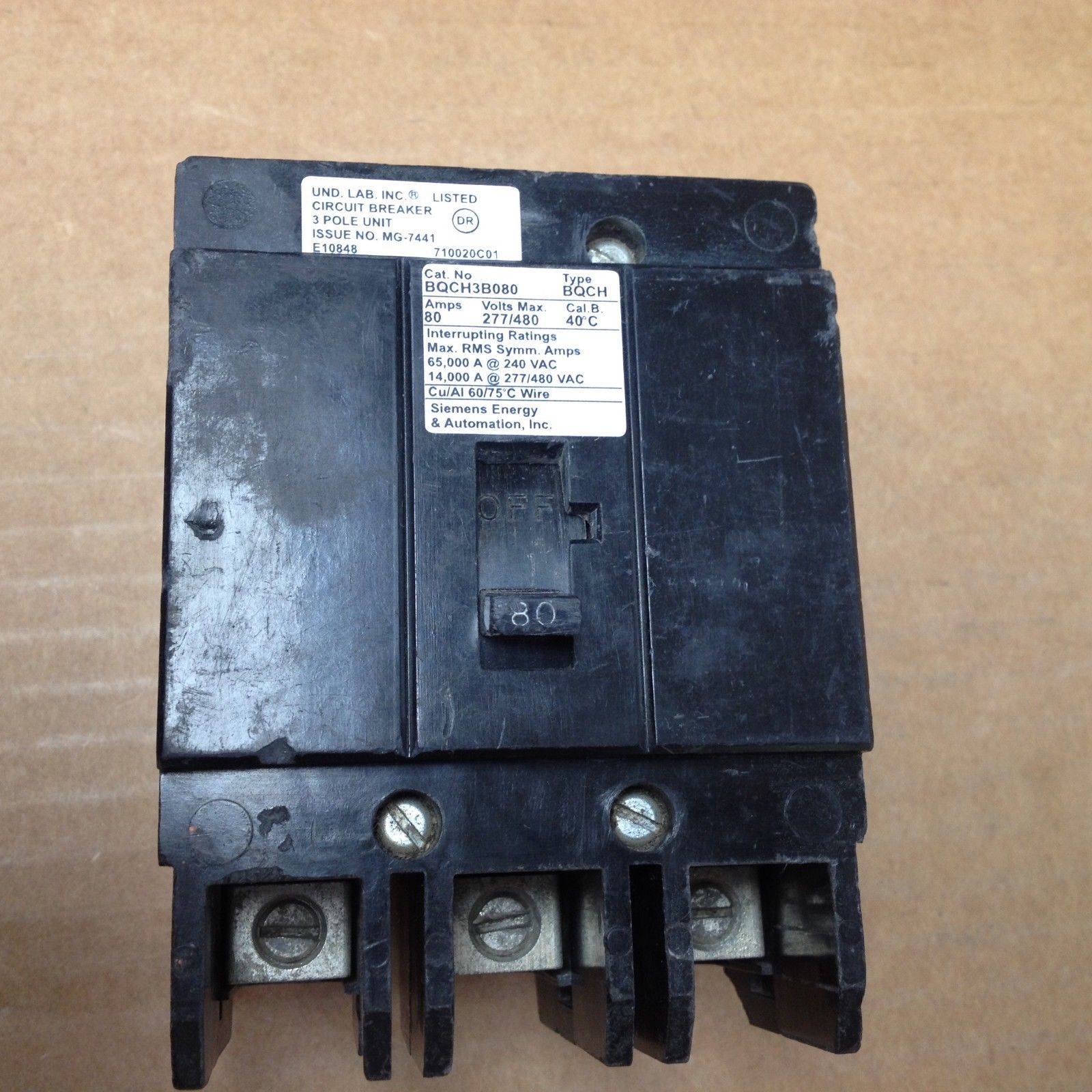 SIEMENS BQCH BQCH3B080 3 POLE 277/480V  80 AMP CIRCUIT BREAKER FLAWED FR