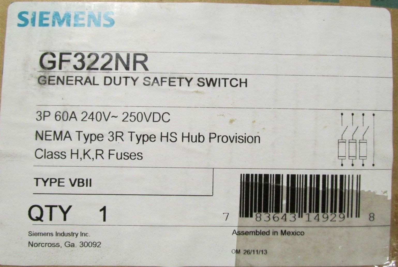 Siemens GF322NR General Duty Safety Switch 60 Amp 250 Volt NIB UPC# 783643149298