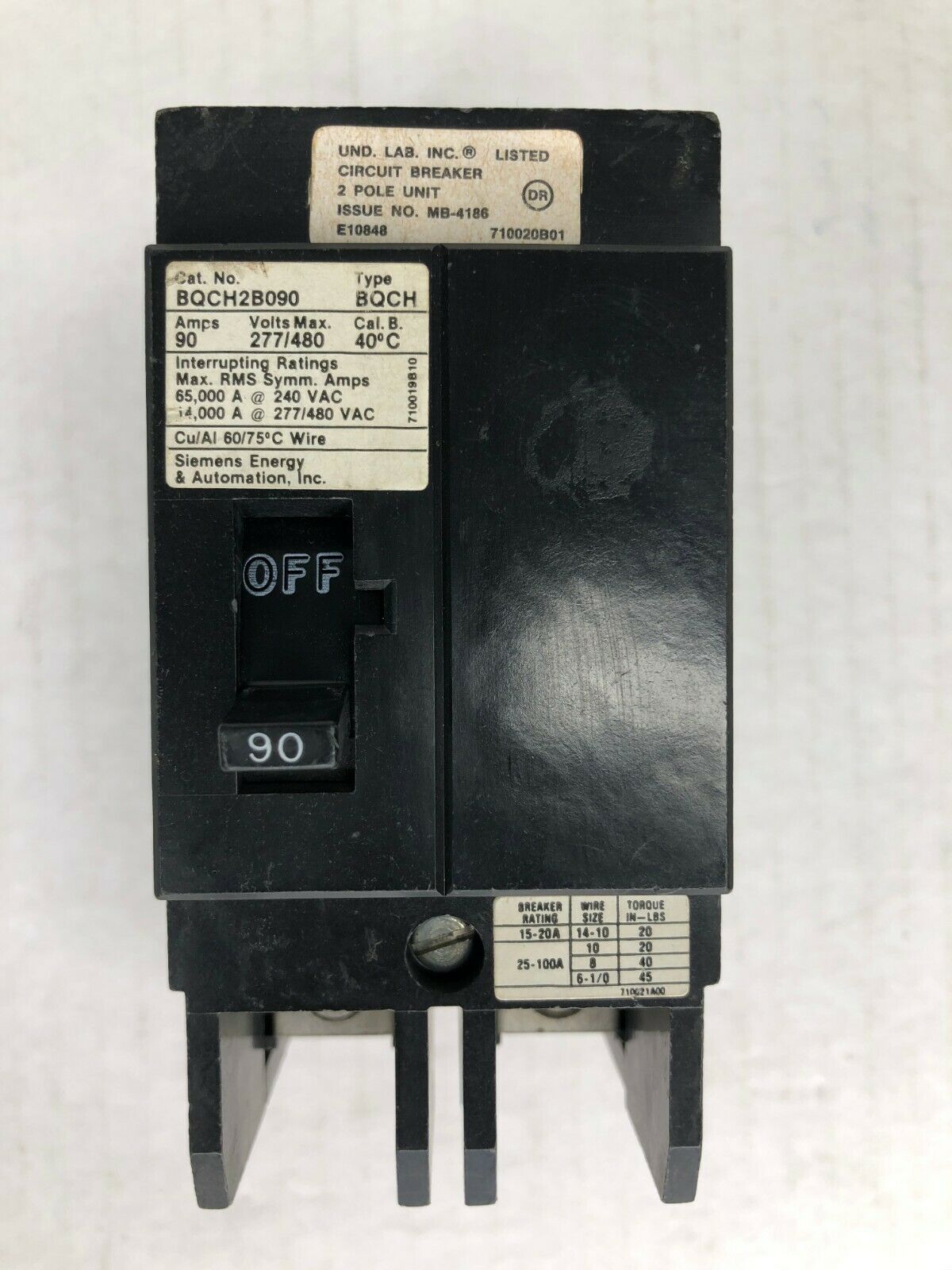 SIEMENS BQCH2B090  2P, 90A CIRCUIT BREAKER 