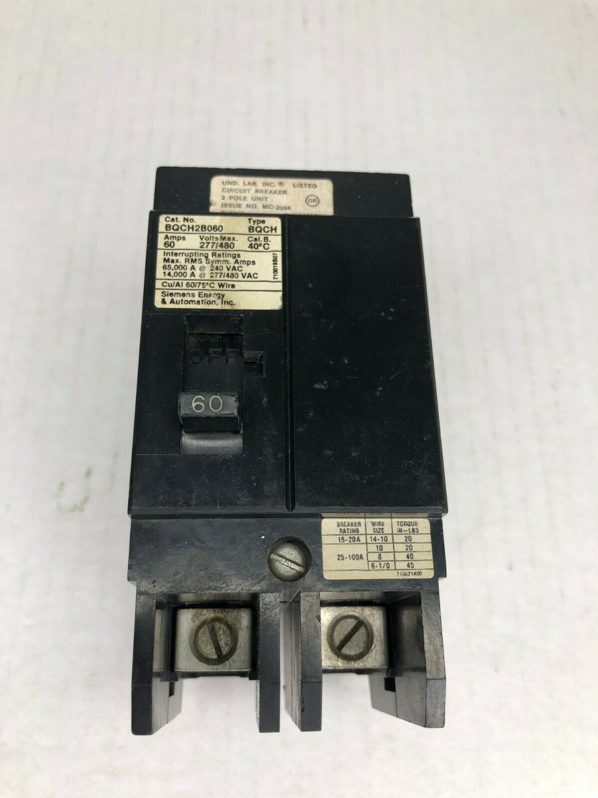 SIEMENS BQCH2B060, 2P, 60A CIRCUIT BREAKER 