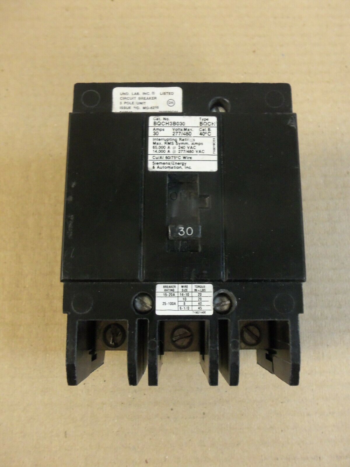 ITE Siemens BQCH BQCH3B030 3 Pole 30 Amp 480v Circuit Breaker flaw 079